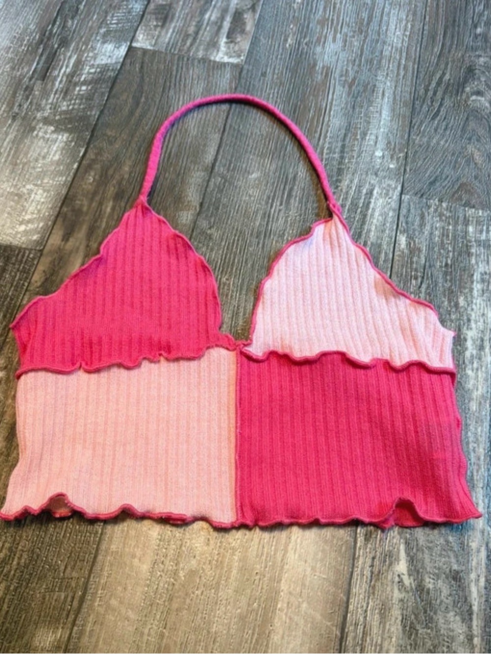 SHEIN Pink Colorblock Ribbed Halter Bandeau Top